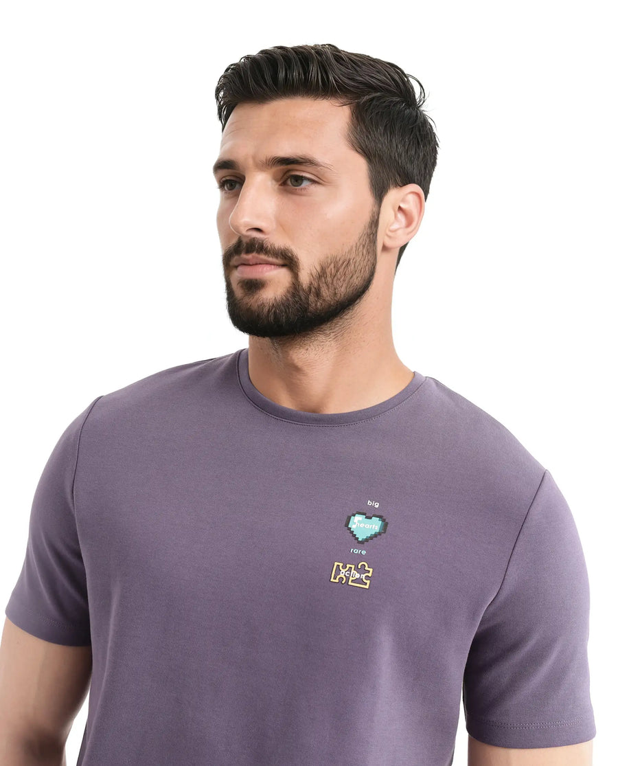 Rare Rabbit Men's Luxa Pastel Purple Cotton Blend Graphic Print Regular Fit Half Sleeve Crew Neck T-Shirt