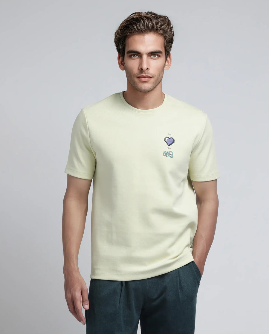 Rare Rabbit Men's Luxa Pastel Yellow Cotton Blend Graphic Print Regular Fit Half Sleeve Crew Neck T-Shirt