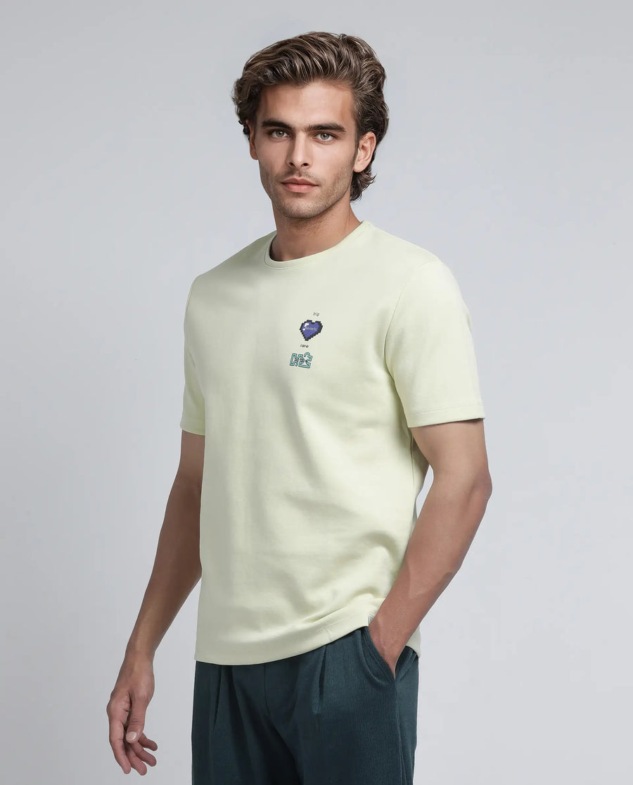 Rare Rabbit Men's Luxa Pastel Yellow Cotton Blend Graphic Print Regular Fit Half Sleeve Crew Neck T-Shirt