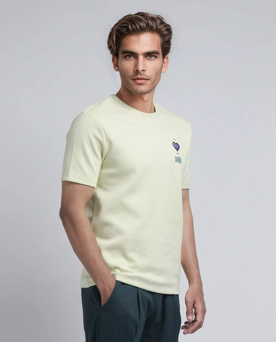 Rare Rabbit Men's Luxa Pastel Yellow Cotton Blend Graphic Print Regular Fit Half Sleeve Crew Neck T-Shirt