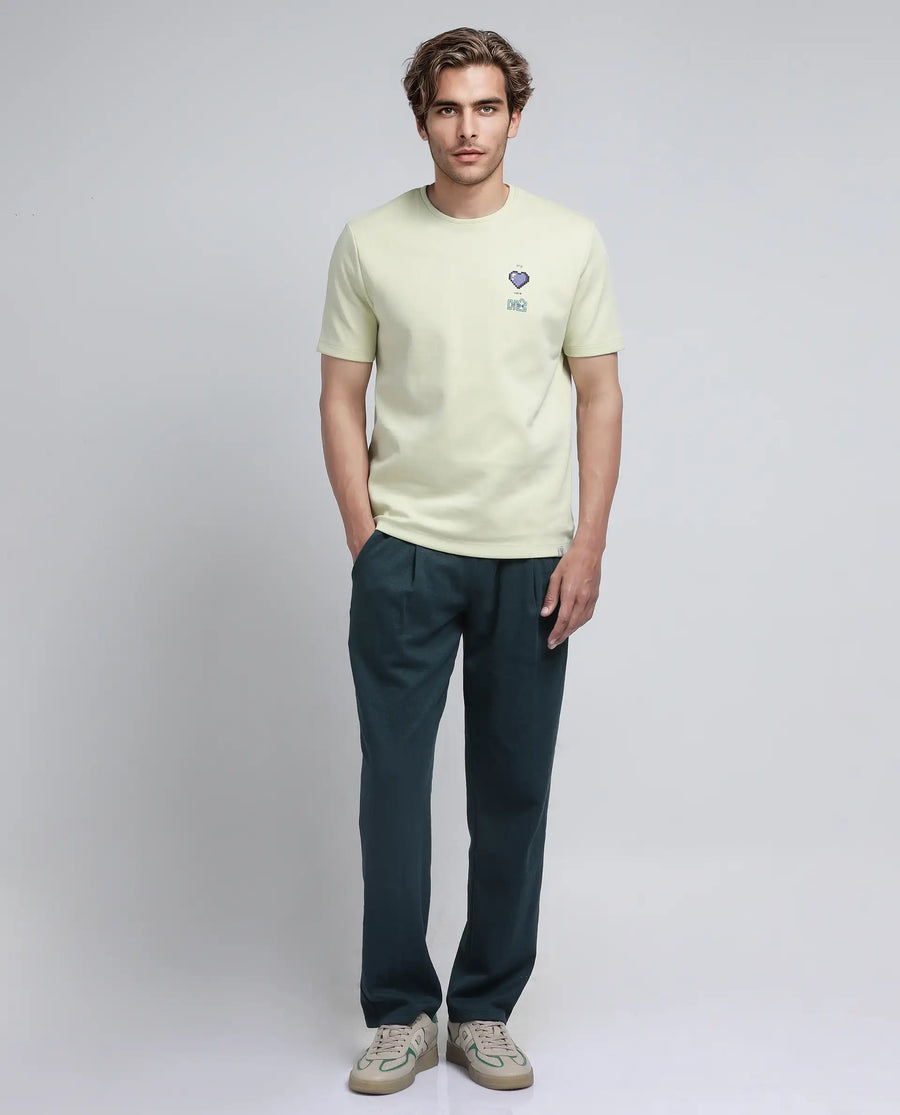 Rare Rabbit Men's Luxa Pastel Yellow Cotton Blend Graphic Print Regular Fit Half Sleeve Crew Neck T-Shirt