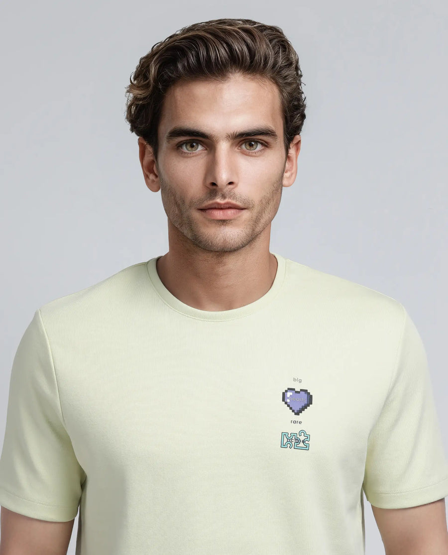 Rare Rabbit Men's Luxa Pastel Yellow Cotton Blend Graphic Print Regular Fit Half Sleeve Crew Neck T-Shirt