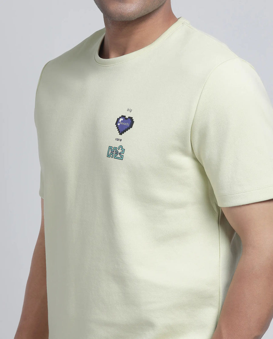 Rare Rabbit Men's Luxa Pastel Yellow Cotton Blend Graphic Print Regular Fit Half Sleeve Crew Neck T-Shirt