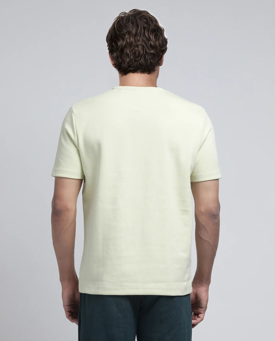 Rare Rabbit Men's Luxa Pastel Yellow Cotton Blend Graphic Print Regular Fit Half Sleeve Crew Neck T-Shirt