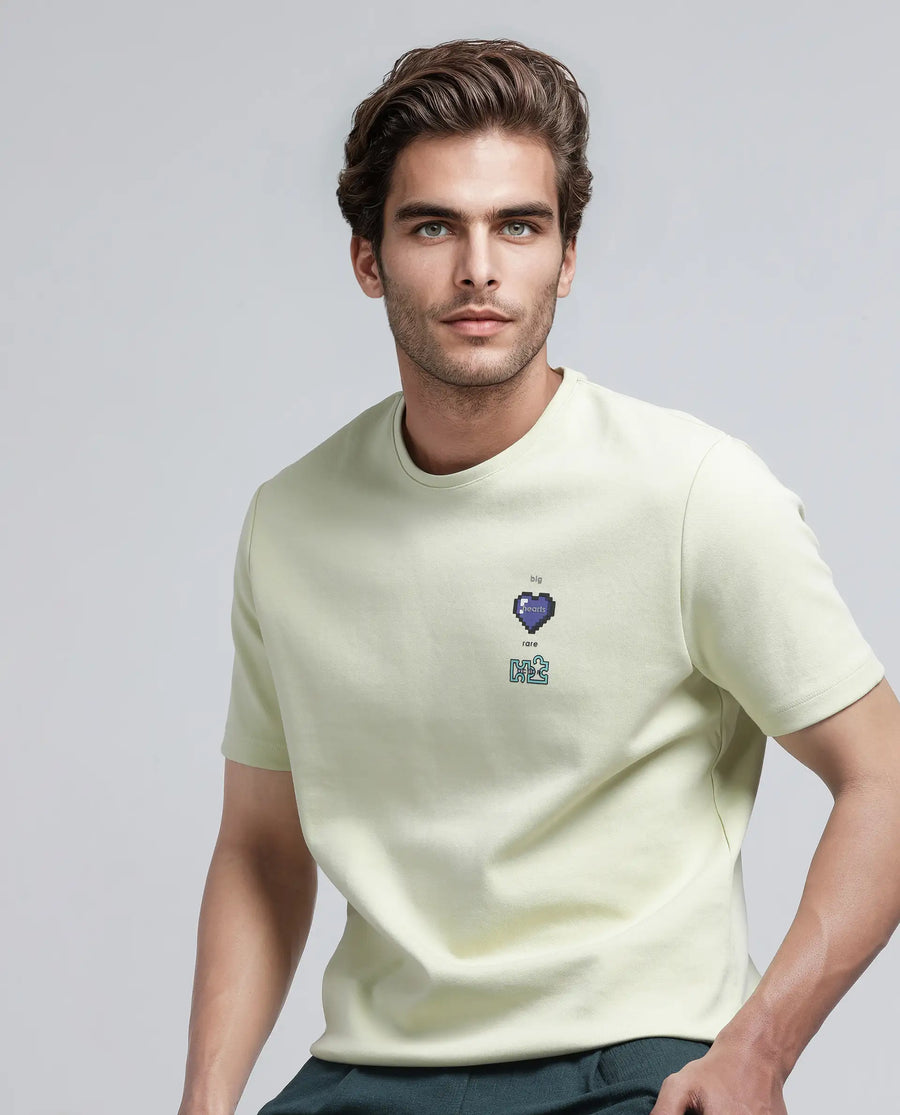 Rare Rabbit Men's Luxa Pastel Yellow Cotton Blend Graphic Print Regular Fit Half Sleeve Crew Neck T-Shirt