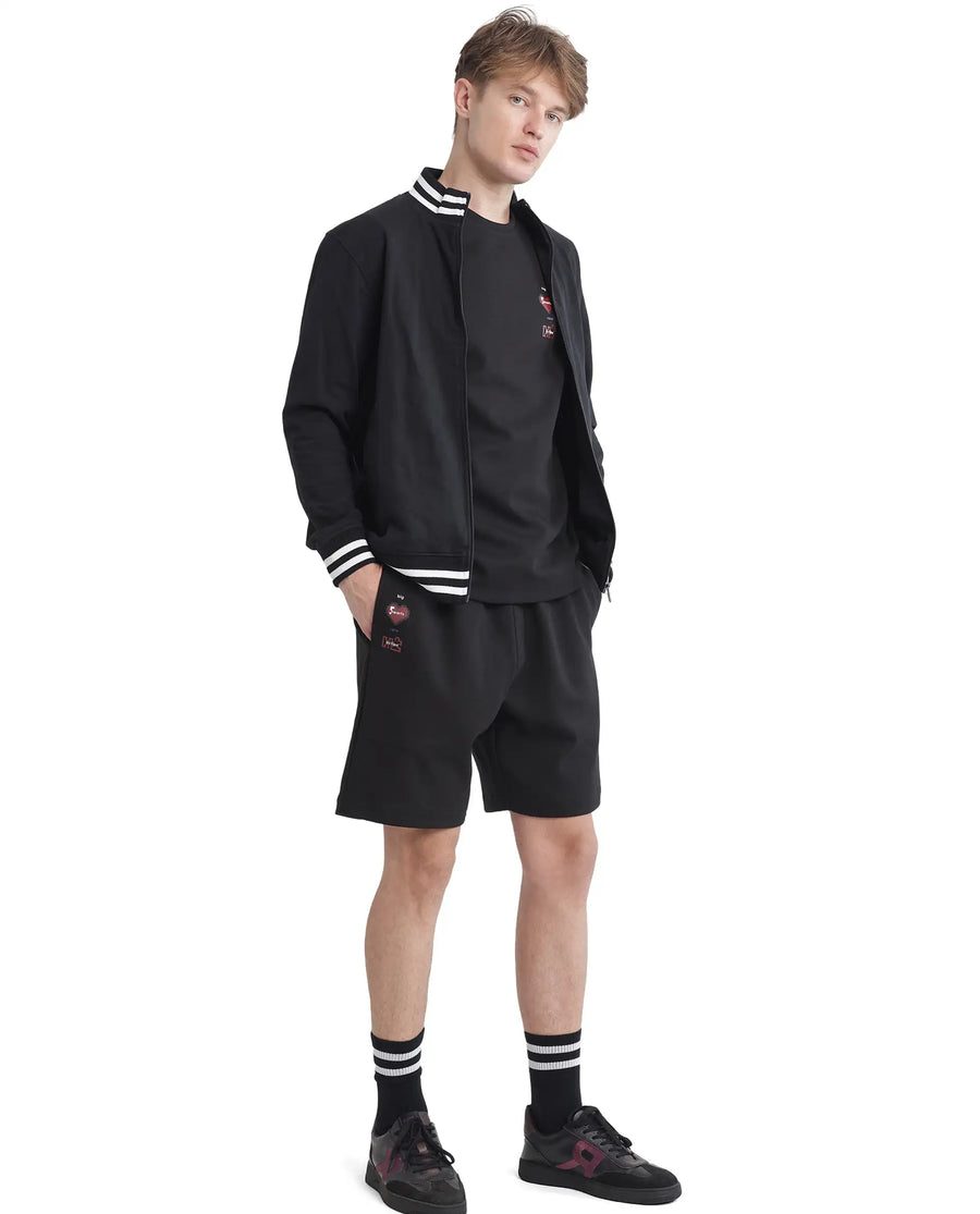 Rare Rabbit Men's Lux Black Cotton Blend Plain Relaxed Fit Shorts