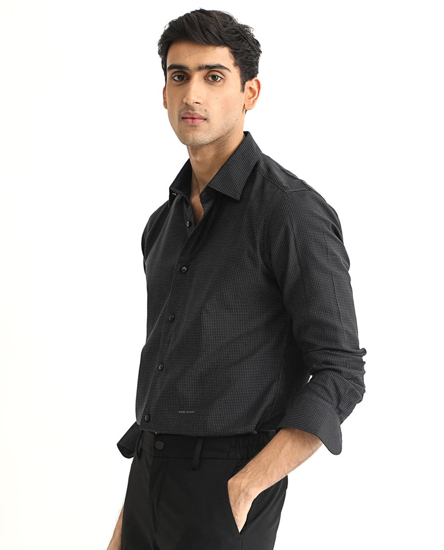Rare Rabbit Men's Luxem Black Cotton Polka Print Regular Fit Full Sleeve Collared Shirt