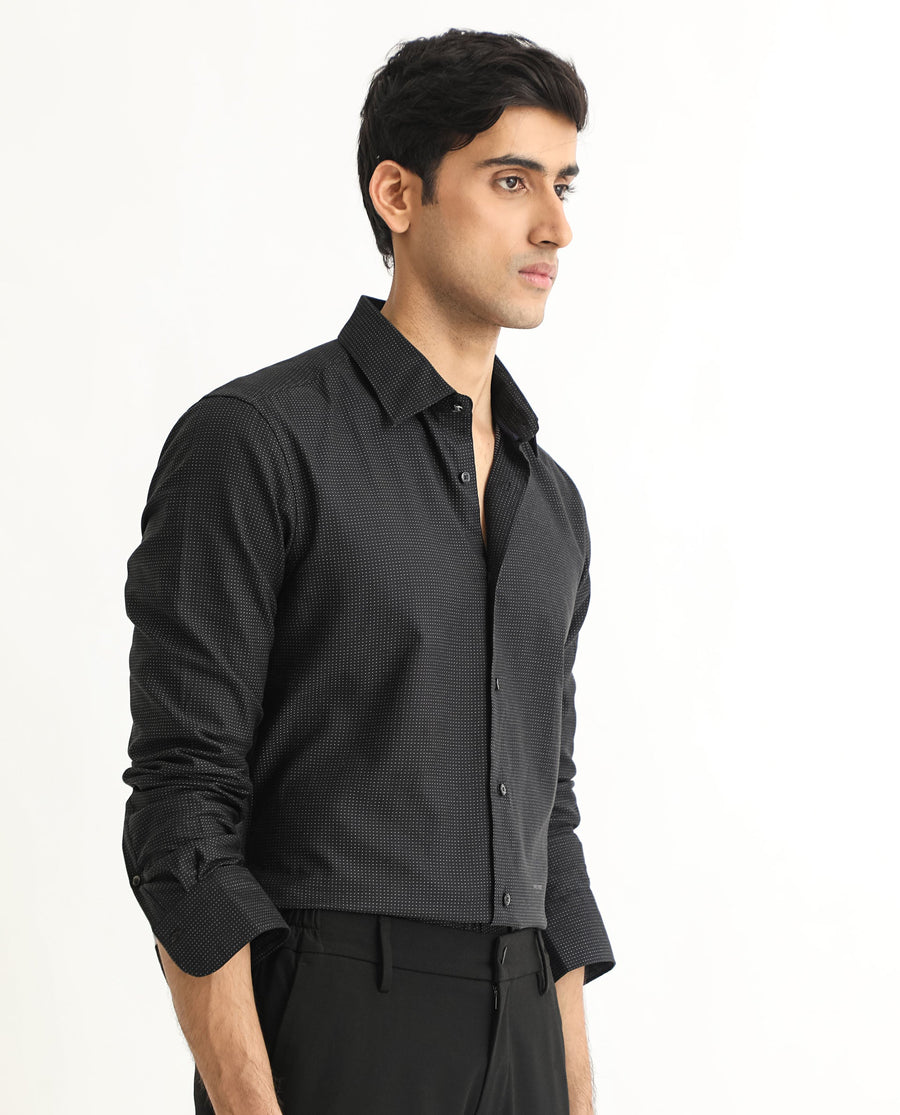 Rare Rabbit Men's Luxem Black Cotton Polka Print Regular Fit Full Sleeve Collared Shirt