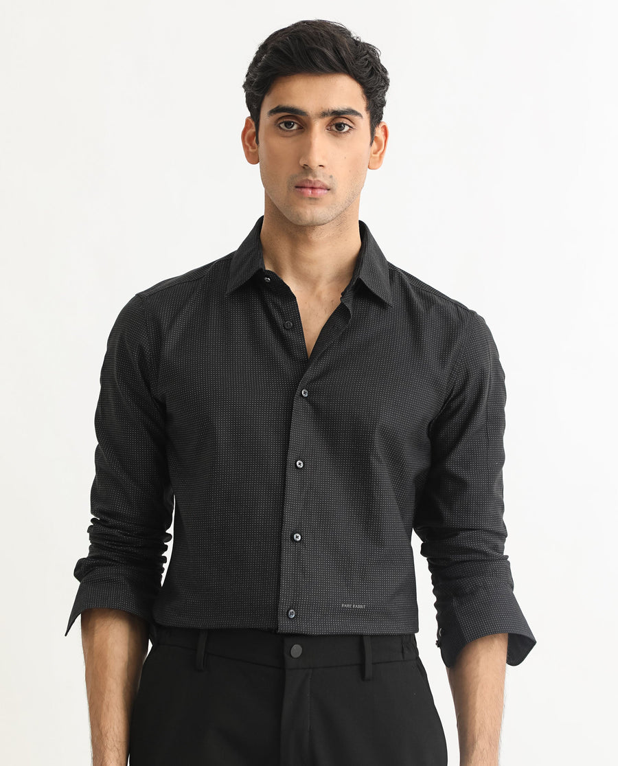 Rare Rabbit Men's Luxem Black Cotton Polka Print Regular Fit Full Sleeve Collared Shirt