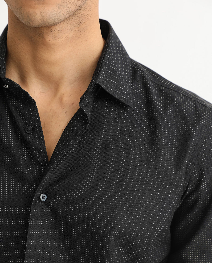 Rare Rabbit Men's Luxem Black Cotton Polka Print Regular Fit Full Sleeve Collared Shirt
