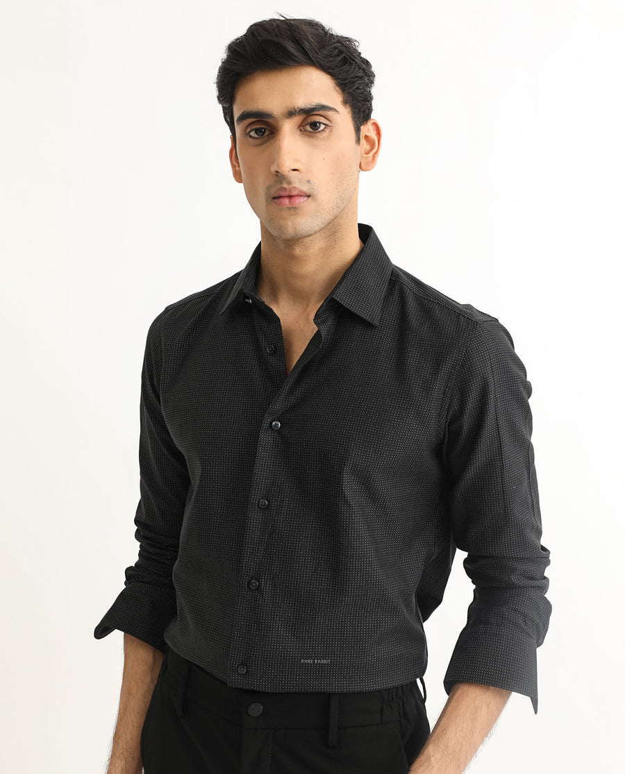 Rare Rabbit Men's Luxem Black Cotton Polka Print Regular Fit Full Sleeve Collared Shirt