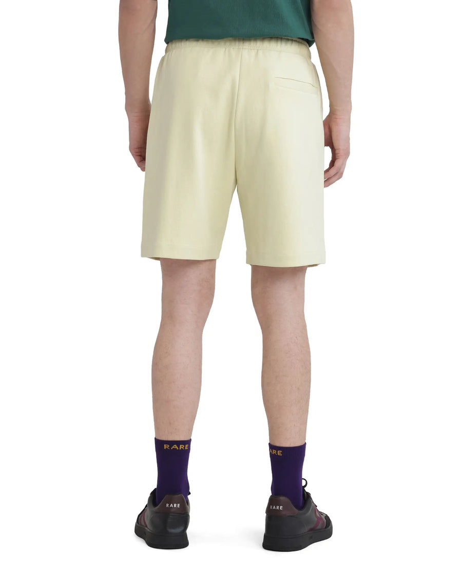 Rare Rabbit Men's Lux Pastel Yellow Cotton Blend Plain Relaxed Fit Shorts