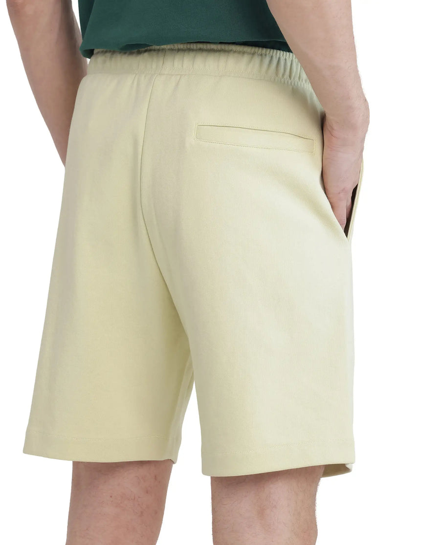 Rare Rabbit Men's Lux Pastel Yellow Cotton Blend Plain Relaxed Fit Shorts