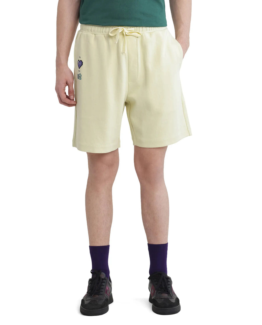 Rare Rabbit Men's Lux Pastel Yellow Cotton Blend Plain Relaxed Fit Shorts