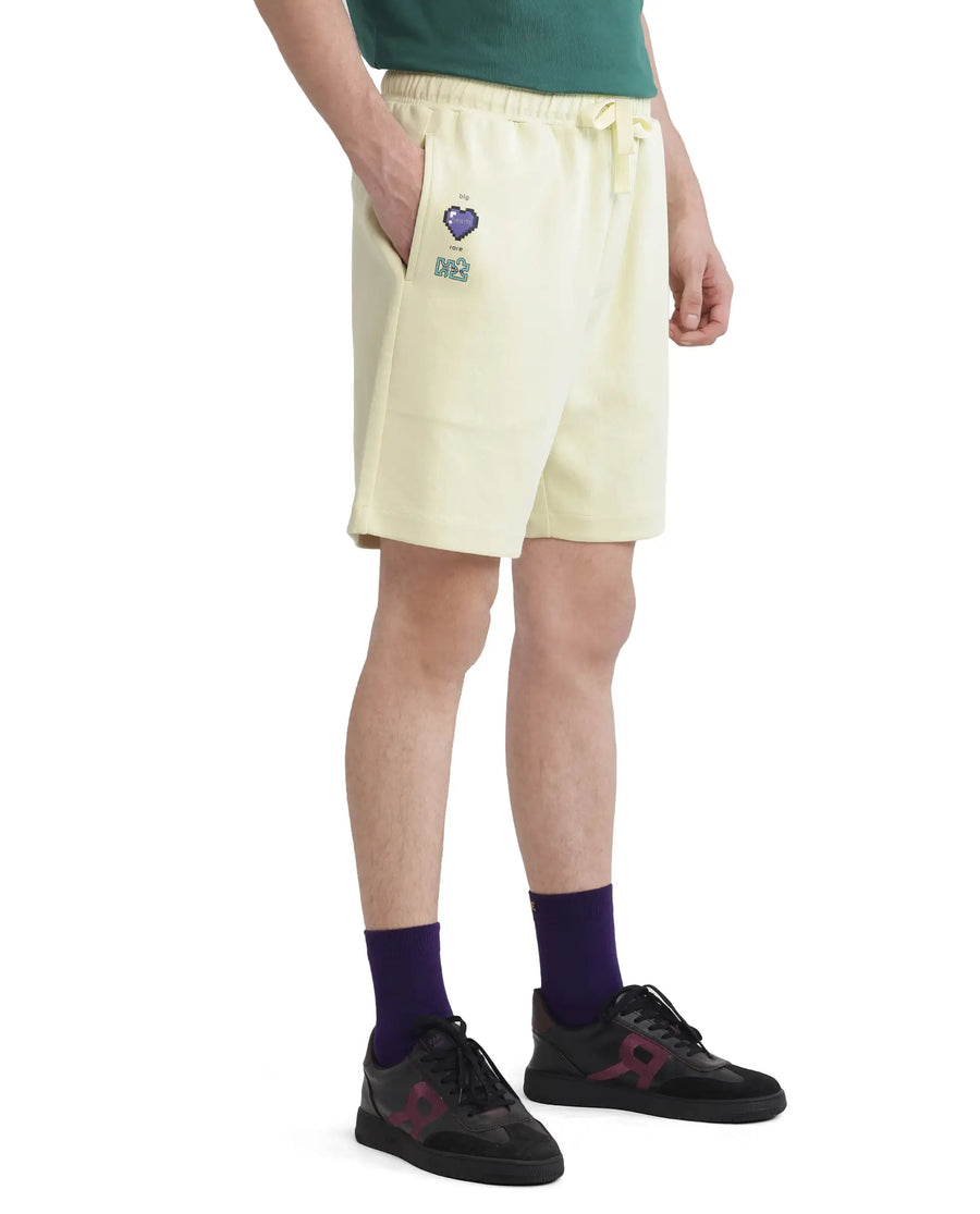 Rare Rabbit Men's Lux Pastel Yellow Cotton Blend Plain Relaxed Fit Shorts