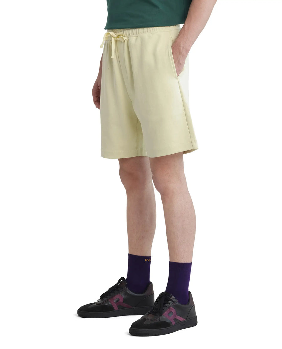 Rare Rabbit Men's Lux Pastel Yellow Cotton Blend Plain Relaxed Fit Shorts