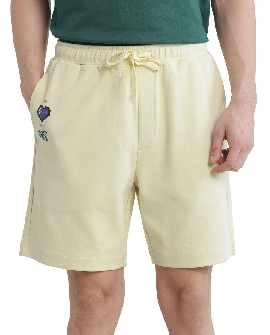 Rare Rabbit Men's Lux Pastel Yellow Cotton Blend Plain Relaxed Fit Shorts