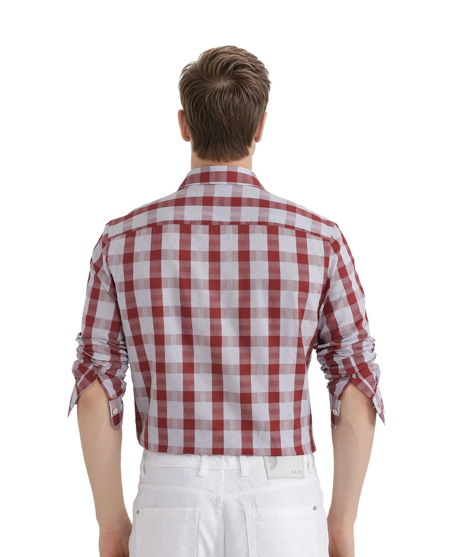 Rare Rabbit Men's Luxs Red Cotton Checked Print Regular Fit Full Sleeve Collared Shirt