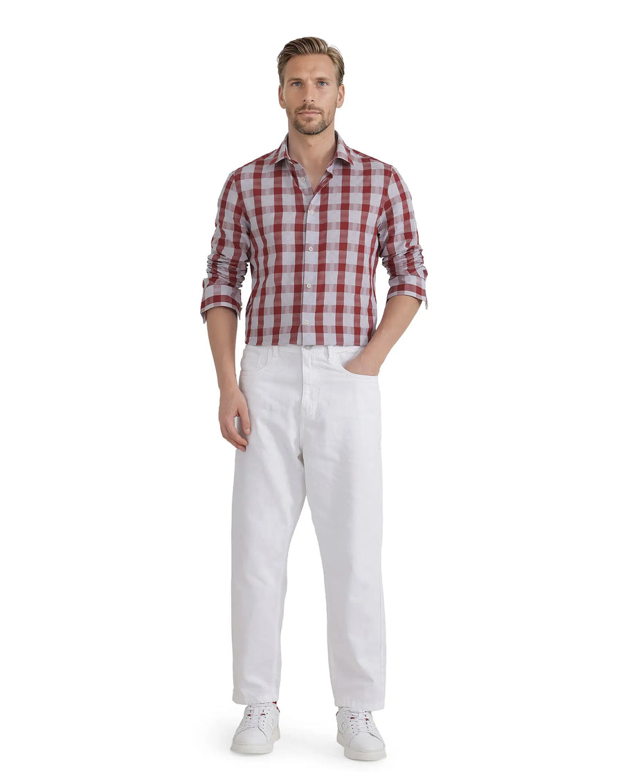 Rare Rabbit Men's Luxs Red Cotton Checked Print Regular Fit Full Sleeve Collared Shirt