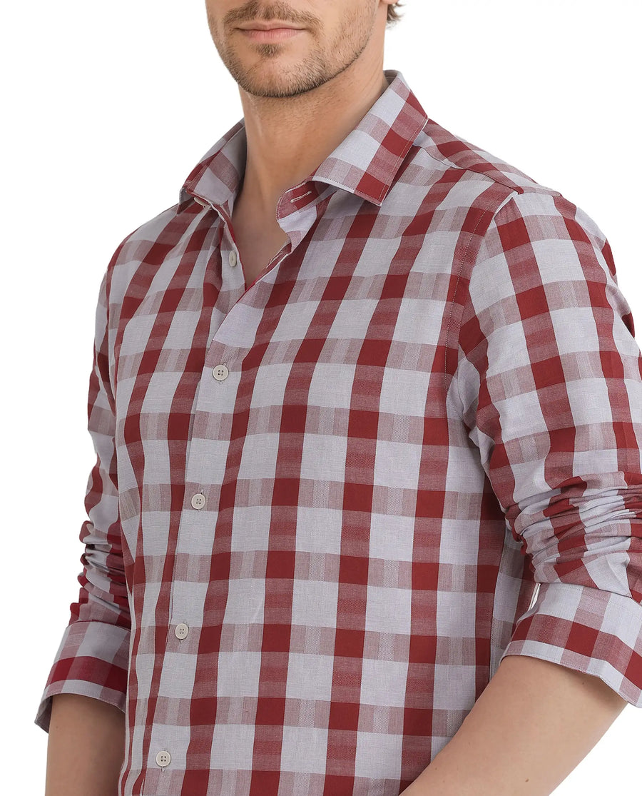 Rare Rabbit Men's Luxs Red Cotton Checked Print Regular Fit Full Sleeve Collared Shirt