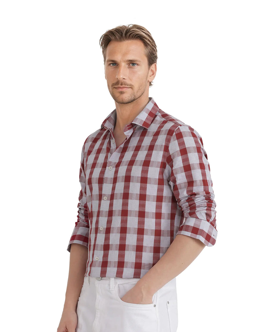 Rare Rabbit Men's Luxs Red Cotton Checked Print Regular Fit Full Sleeve Collared Shirt
