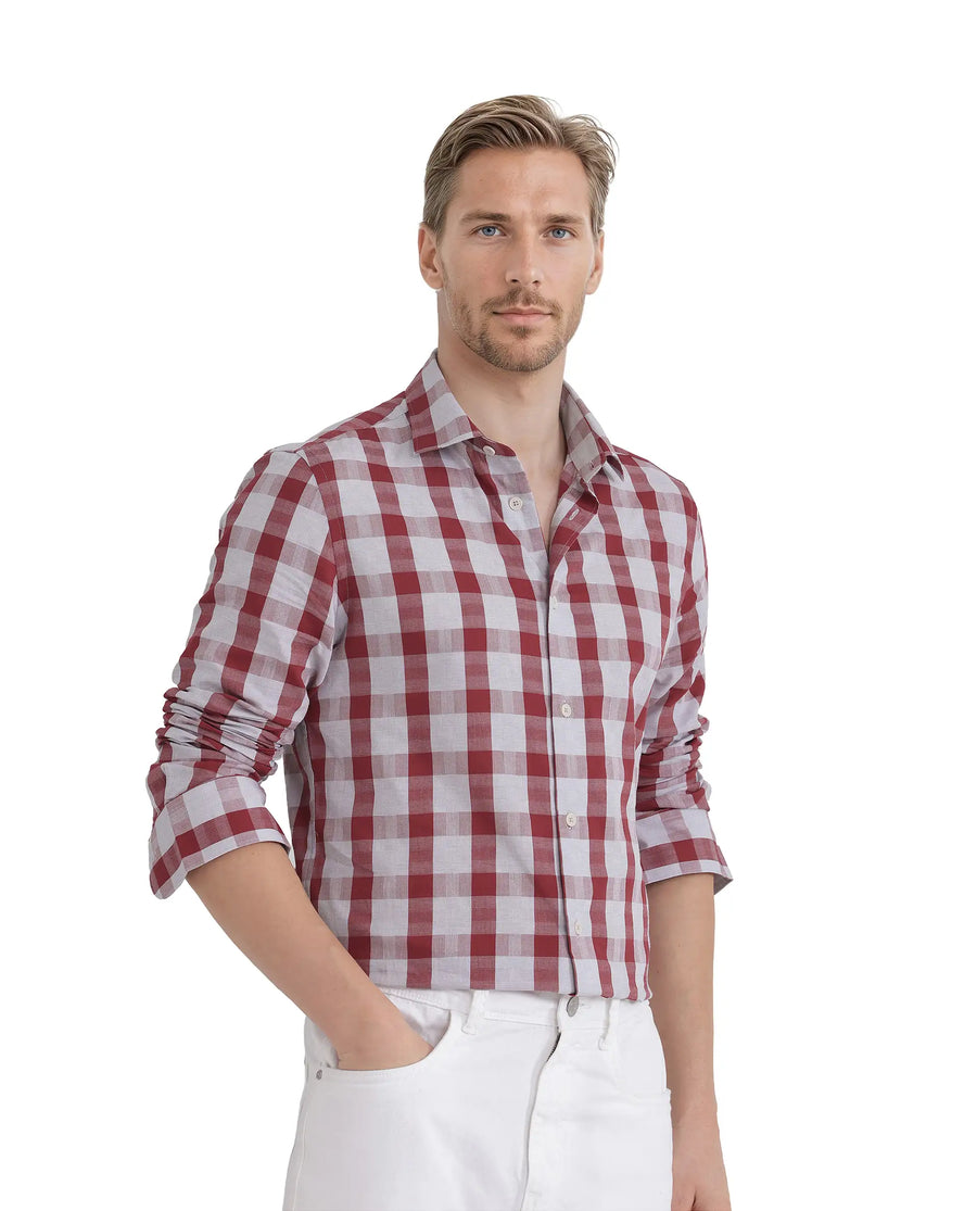 Rare Rabbit Men's Luxs Red Cotton Checked Print Regular Fit Full Sleeve Collared Shirt