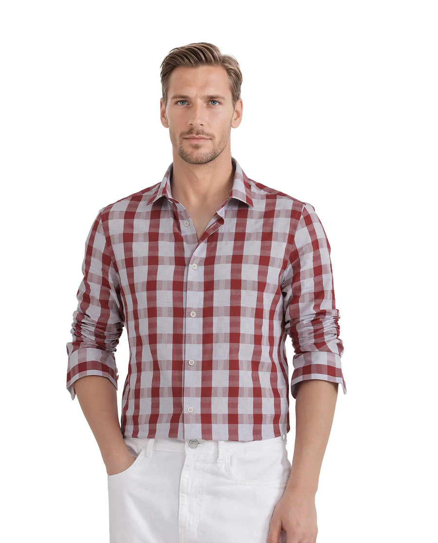 Rare Rabbit Men's Luxs Red Cotton Checked Print Regular Fit Full Sleeve Collared Shirt