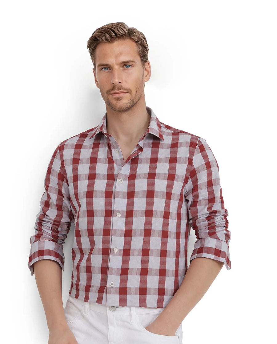 Rare Rabbit Men's Luxs Red Cotton Checked Print Regular Fit Full Sleeve Collared Shirt