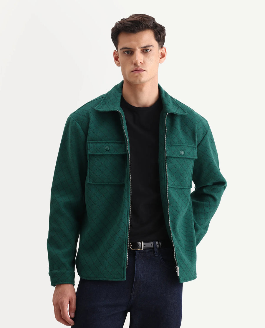 Rare Rabbit Men's Lybro Green Polyester Monogram Print Regular Fit Full Sleeve Spread Collar Jacket