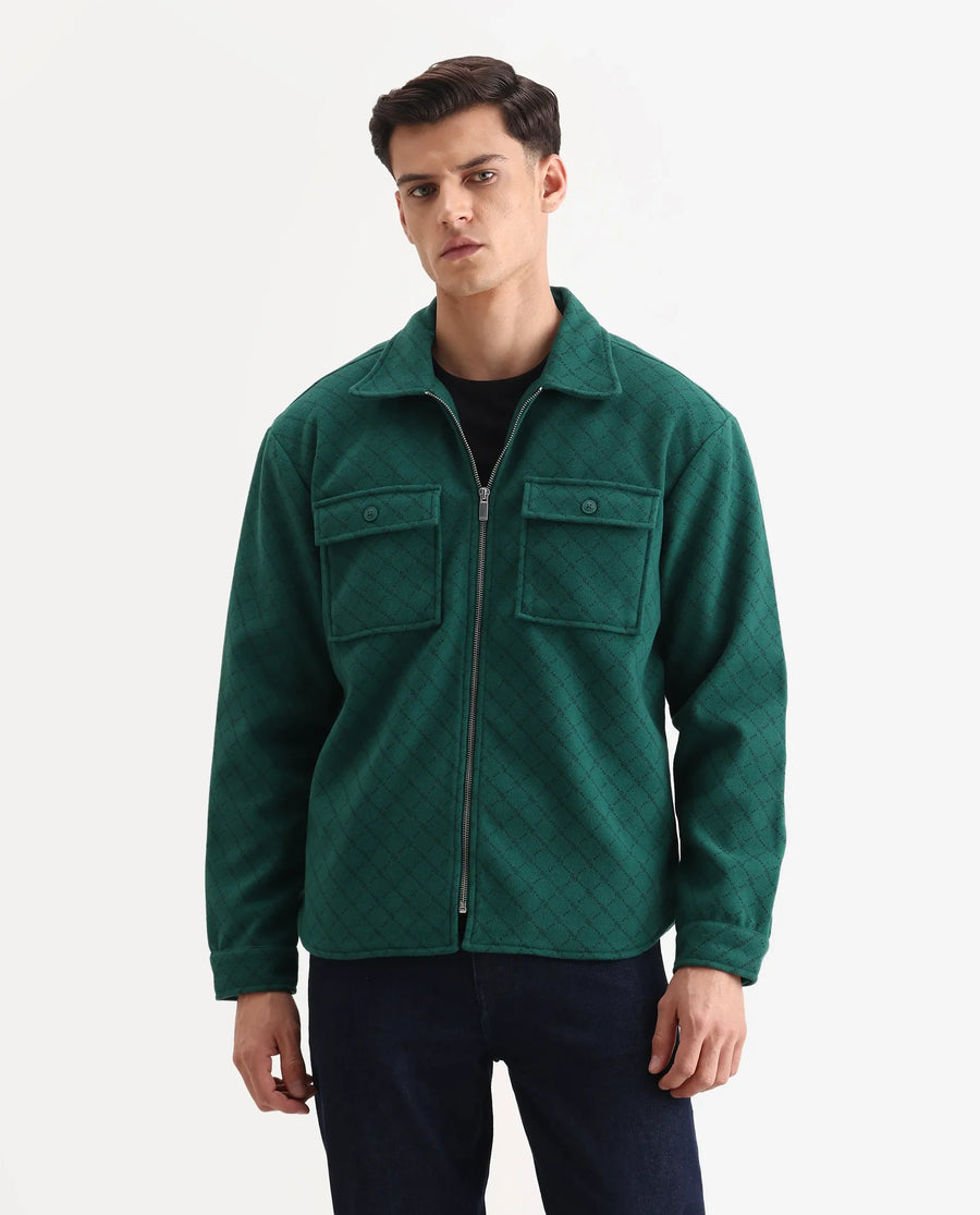 Rare Rabbit Men's Lybro Green Polyester Monogram Print Regular Fit Full Sleeve Spread Collar Jacket
