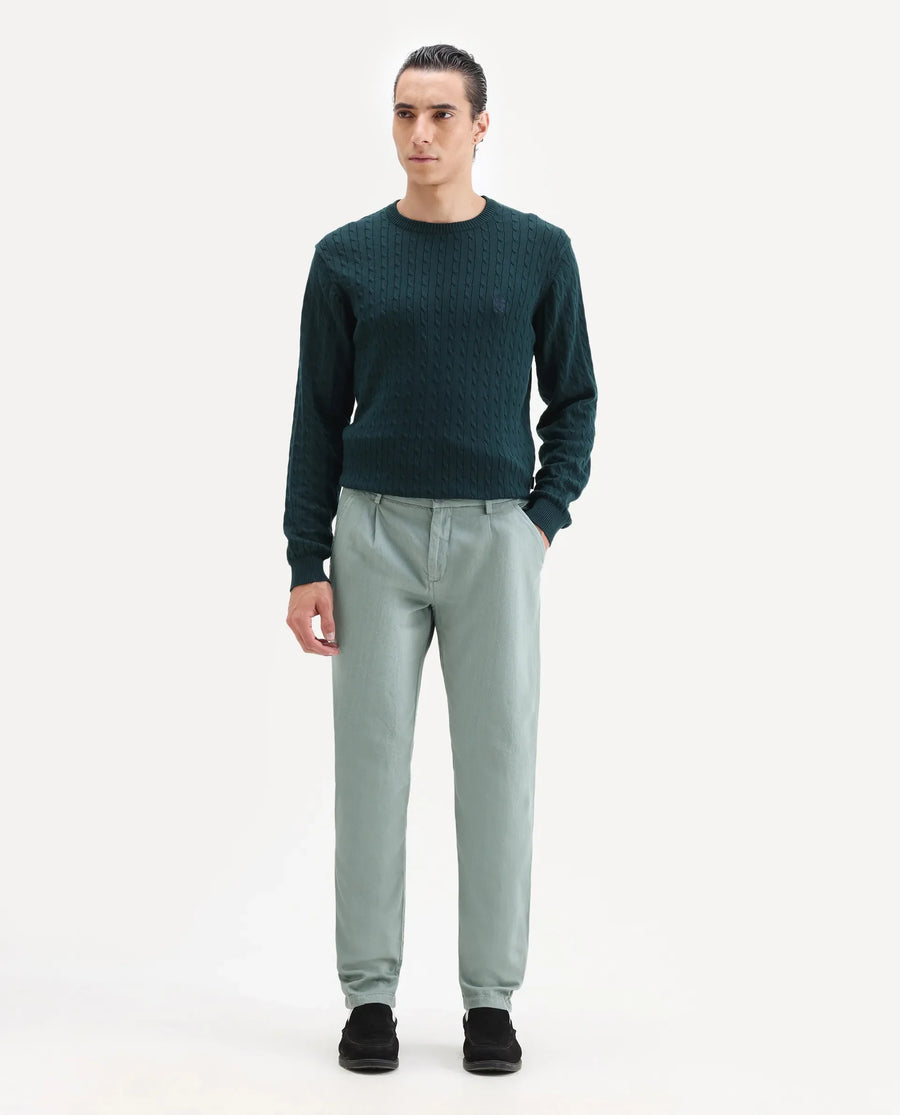 Rare Rabbit Men's Lyte Green Cotton Plain Regular Fit Trouser