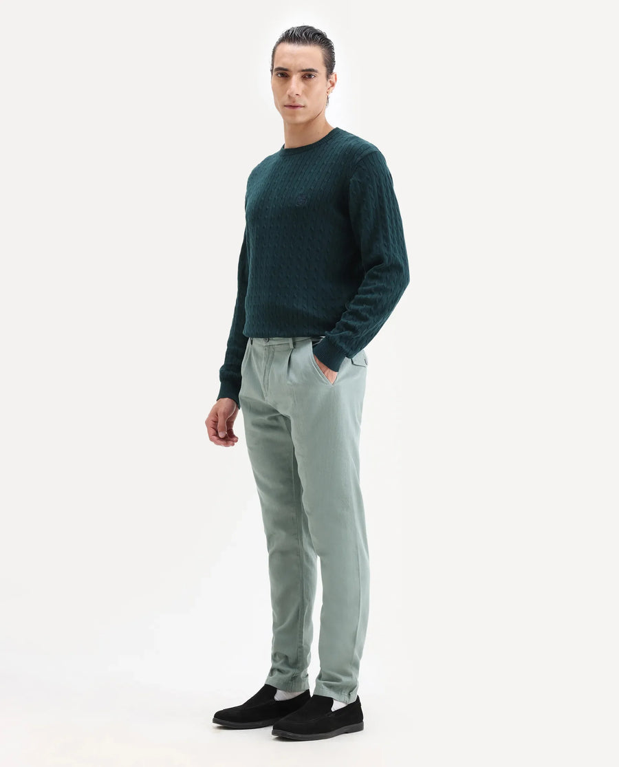 Rare Rabbit Men's Lyte Green Cotton Plain Regular Fit Trouser