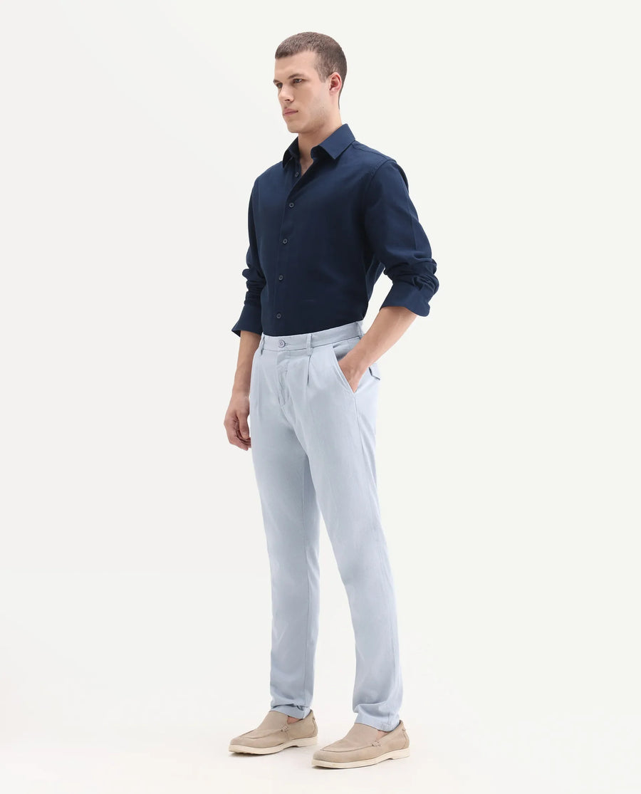 Rare Rabbit Men's Lyte Pastel Blue Cotton Plain Regular Fit Trouser