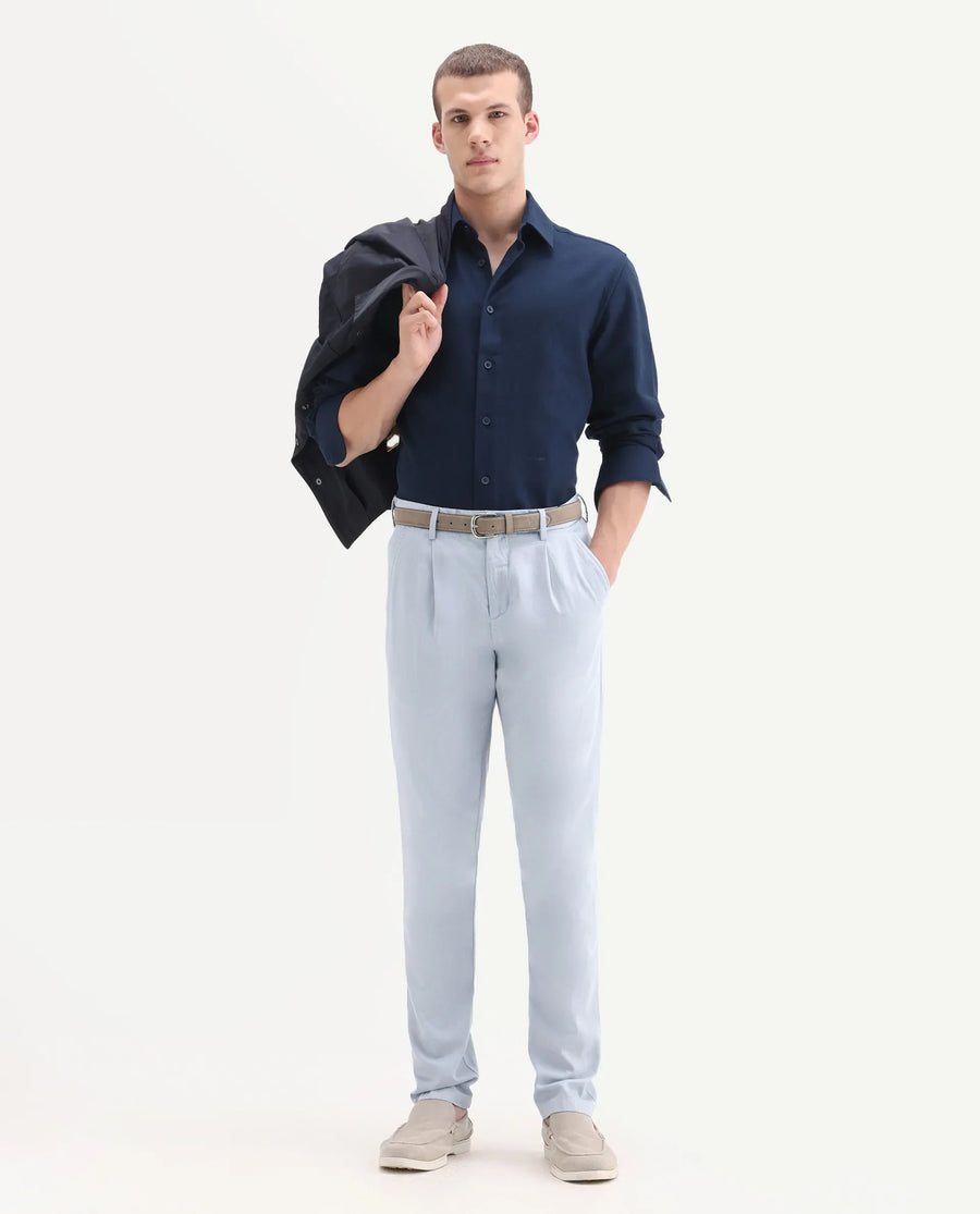 Rare Rabbit Men's Lyte Pastel Blue Cotton Plain Regular Fit Trouser
