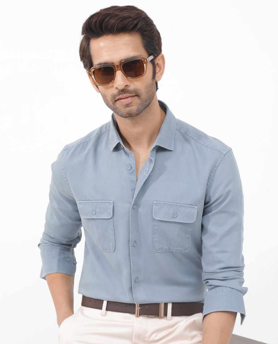 Rare Rabbit Men's Lyton-2 Dusky Blue Cotton Plain Regular Fit Full Sleeve Collared Shirt
