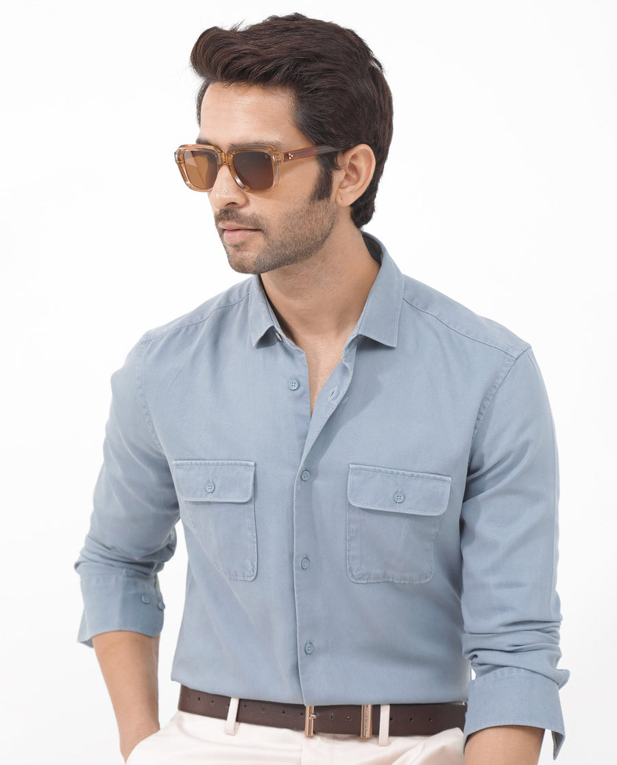 Rare Rabbit Men's Lyton-2 Dusky Blue Cotton Plain Regular Fit Full Sleeve Collared Shirt