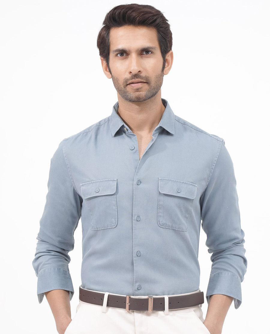Rare Rabbit Men's Lyton-2 Dusky Blue Cotton Plain Regular Fit Full Sleeve Collared Shirt