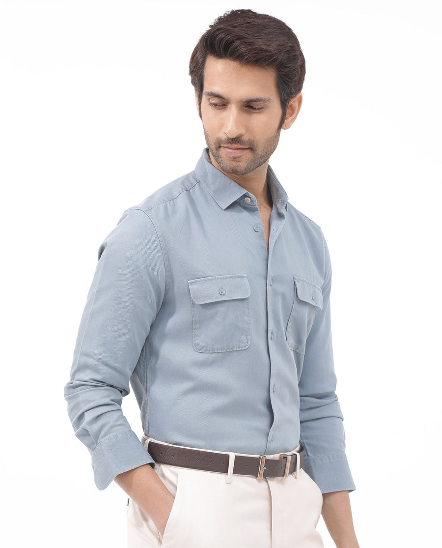 Rare Rabbit Men's Lyton-2 Dusky Blue Cotton Plain Regular Fit Full Sleeve Collared Shirt