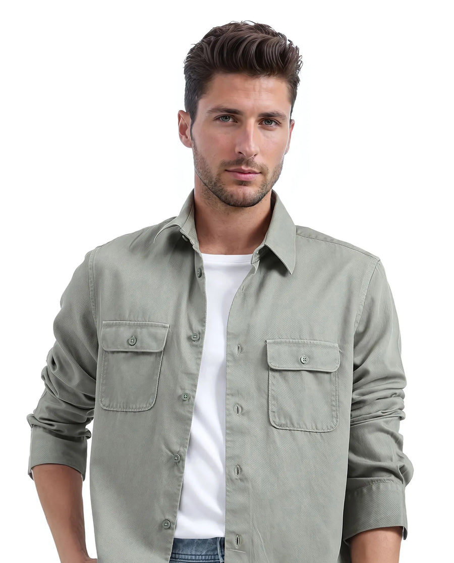 Rare Rabbit Men's Lyton-25 Dusky Green Cotton Blend Plain Regular Fit Full Sleeve Collared Shirt