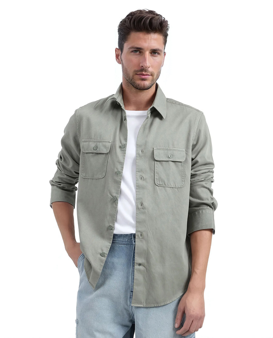 Rare Rabbit Men's Lyton-25 Dusky Green Cotton Blend Plain Regular Fit Full Sleeve Collared Shirt
