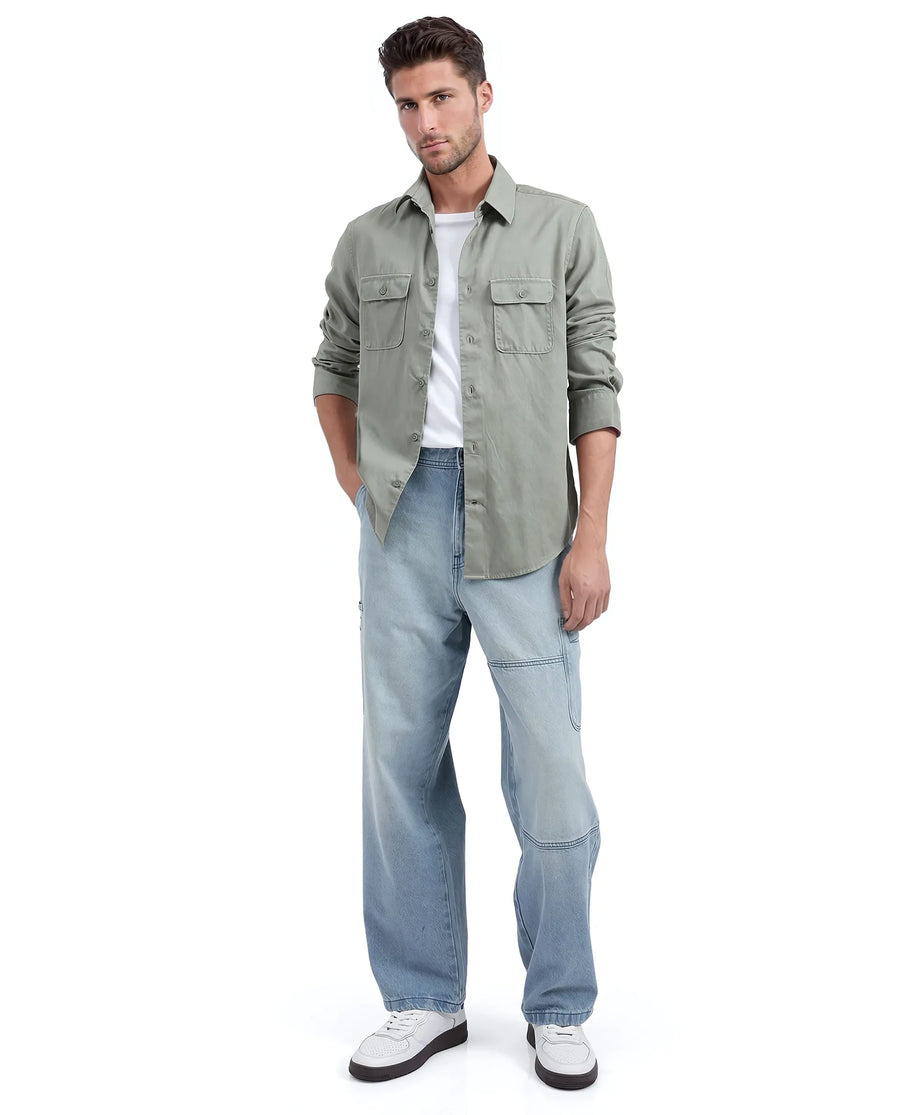 Rare Rabbit Men's Lyton-25 Dusky Green Cotton Blend Plain Regular Fit Full Sleeve Collared Shirt
