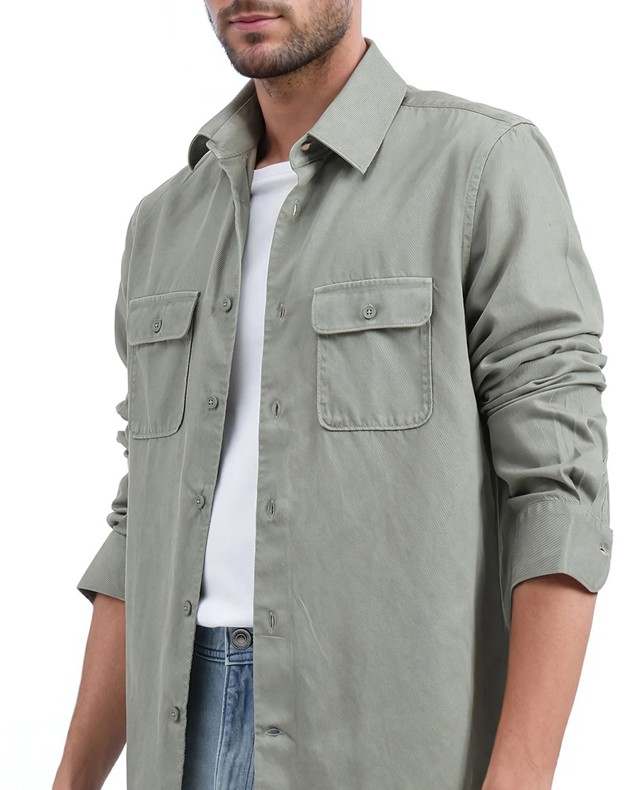 Rare Rabbit Men's Lyton-25 Dusky Green Cotton Blend Plain Regular Fit Full Sleeve Collared Shirt