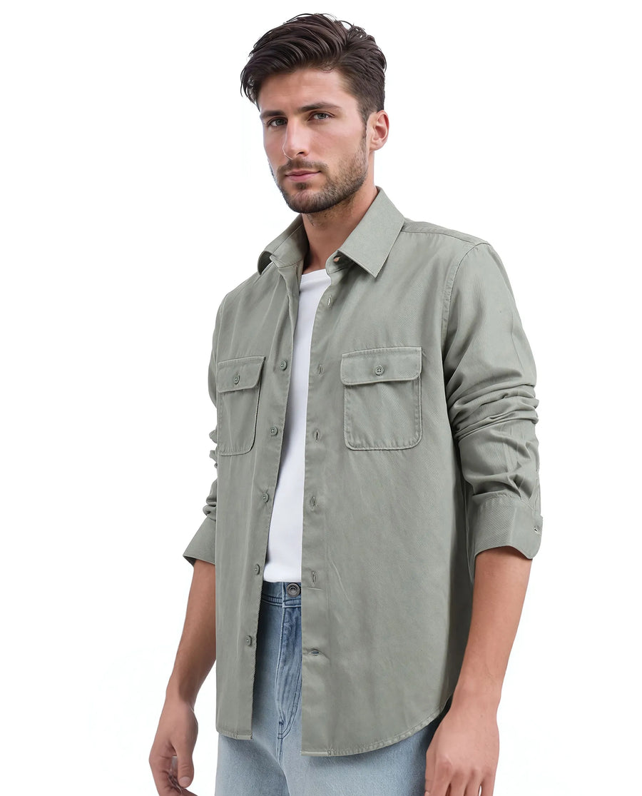 Rare Rabbit Men's Lyton-25 Dusky Green Cotton Blend Plain Regular Fit Full Sleeve Collared Shirt