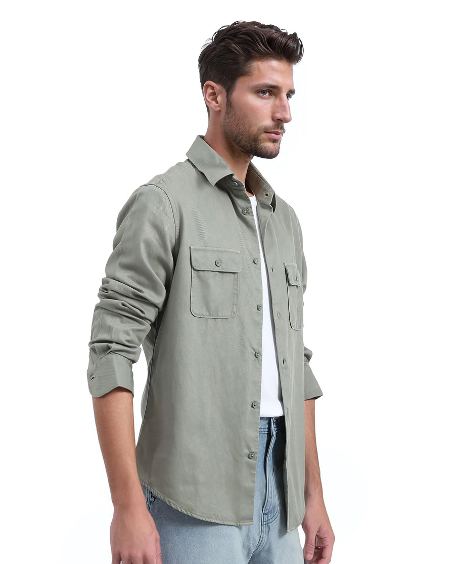 Rare Rabbit Men's Lyton-25 Dusky Green Cotton Blend Plain Regular Fit Full Sleeve Collared Shirt