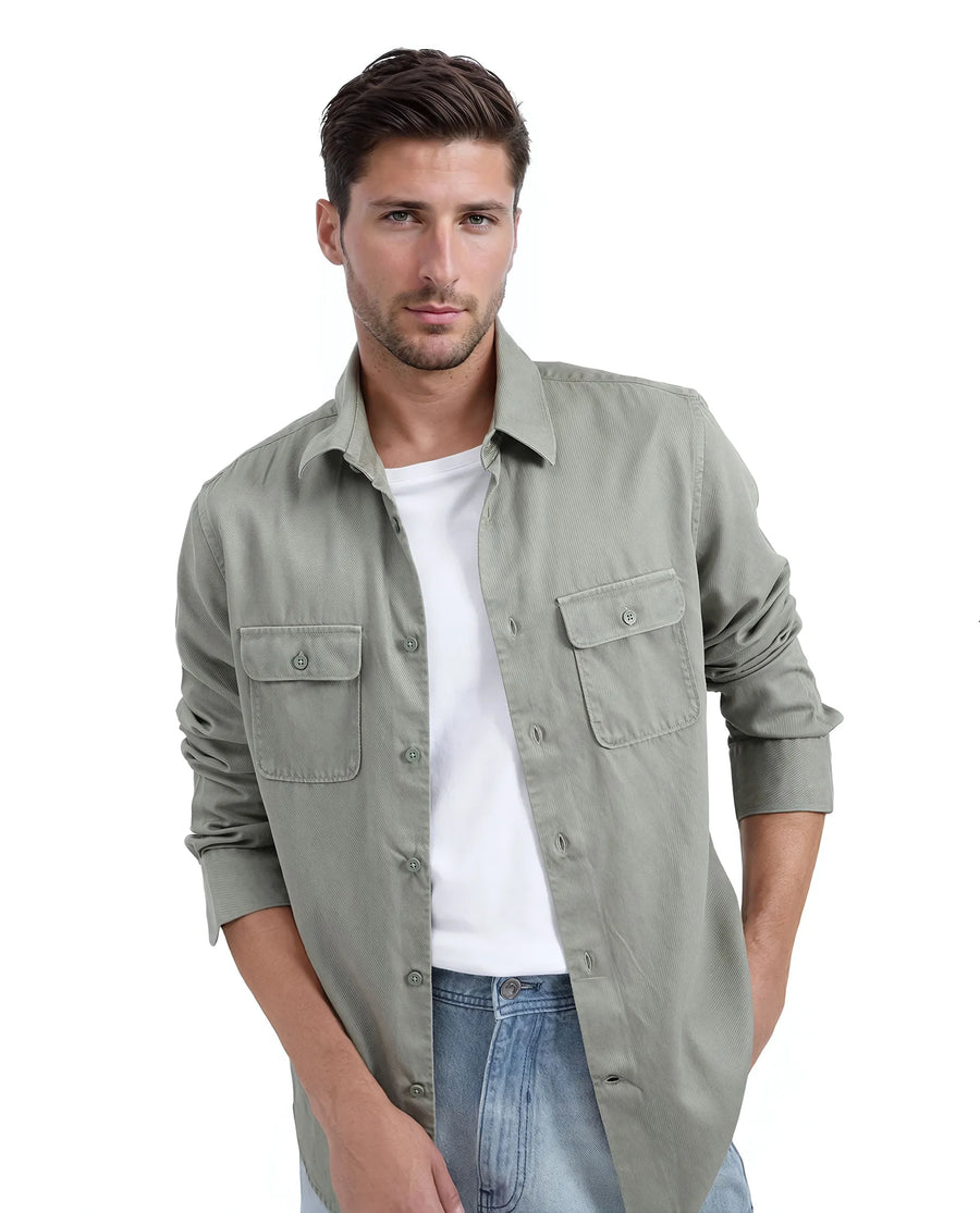Rare Rabbit Men's Lyton-25 Dusky Green Cotton Blend Plain Regular Fit Full Sleeve Collared Shirt