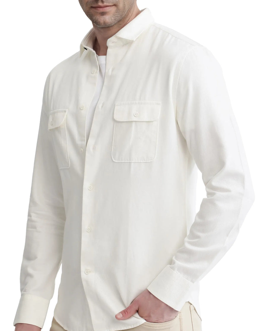 Rare Rabbit Men's Lyton-2 Off White Cotton Plain Regular Fit Full Sleeve Collared Shirt