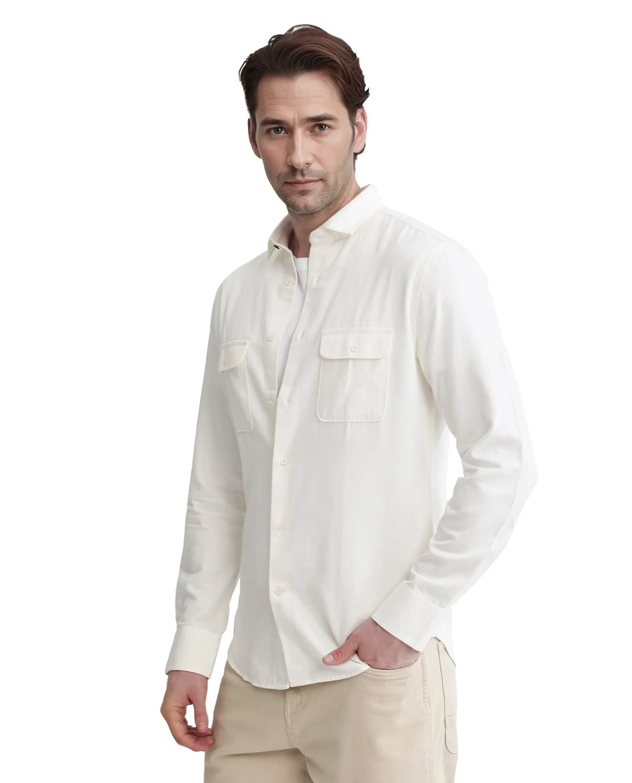 Rare Rabbit Men's Lyton-2 Off White Cotton Plain Regular Fit Full Sleeve Collared Shirt