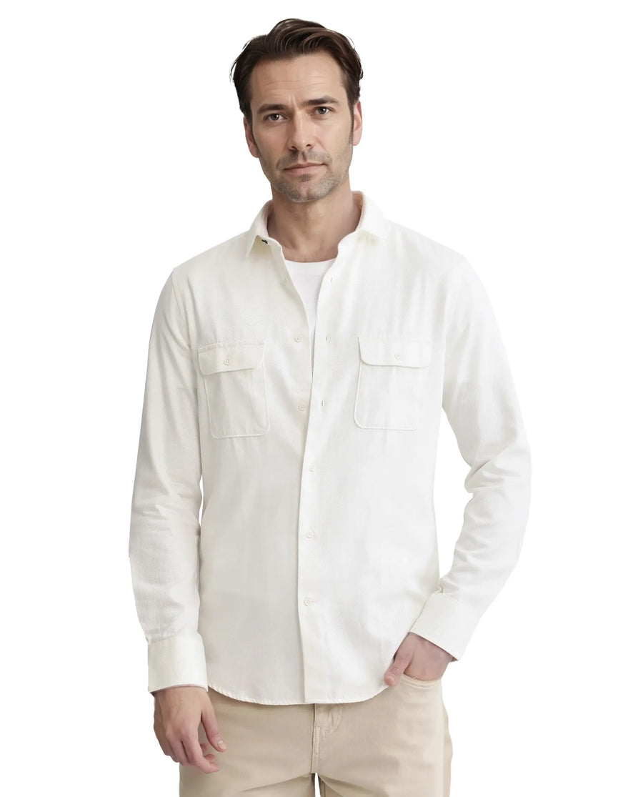 Rare Rabbit Men's Lyton-2 Off White Cotton Plain Regular Fit Full Sleeve Collared Shirt