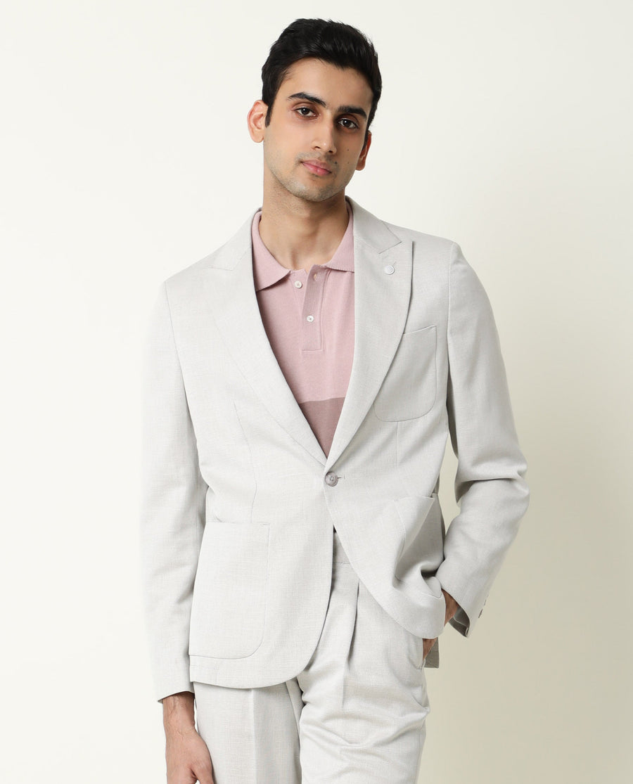Rare Rabbit Men's Dexit Beige Polyester Plain Tailored Fit Full Sleeve Lapel Neck Blazer