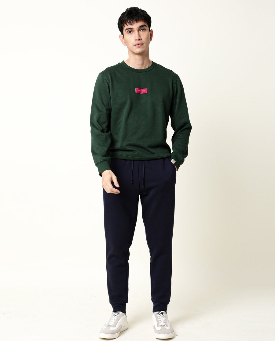 Rare Rabbit Men's Velveto Green Cotton Plain Regular Fit Full Sleeve Crew Neck Sweatshirt